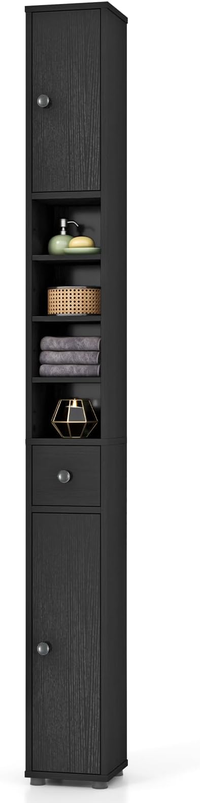 Giantex Slim Bathroom Storage Cabinet - 71” Tall Narrow Floor Cabinet Cupboard with 2 Doors, 5 Adjustable Shelves, 1 Drawer, Anti-Tipping Device, Thin Linen Tower Cabinet for Living Room (1, Black)
