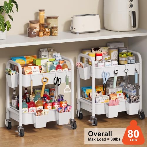 2 Tier Small Rolling Cart Metal with Wheels, White Under Desk - Image 7