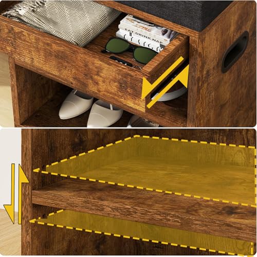 Small Shoe Storage Bench with Cushion and Drawer, Rustic Brown - Image 7