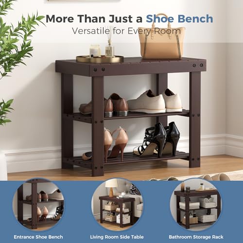DUMOS Wooden Shoe Rack Bench with Storage, 3-Tier Bamboo - Image 5