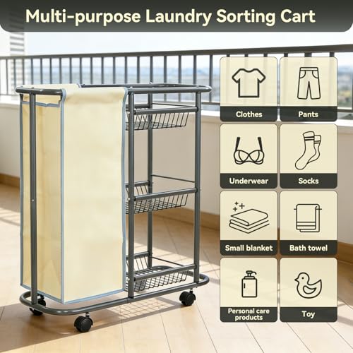 Slim Laundry Cart with Wheels, 3 Tier Rolling Laundry Sorter - Image 6