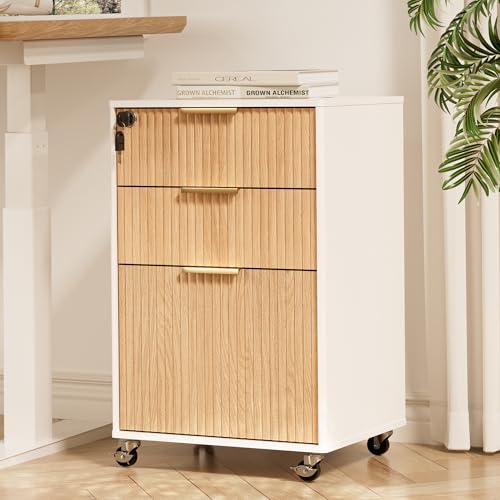 3 Drawers Fluted Mobile File Cabinet with Lock, Rolling - Image 2