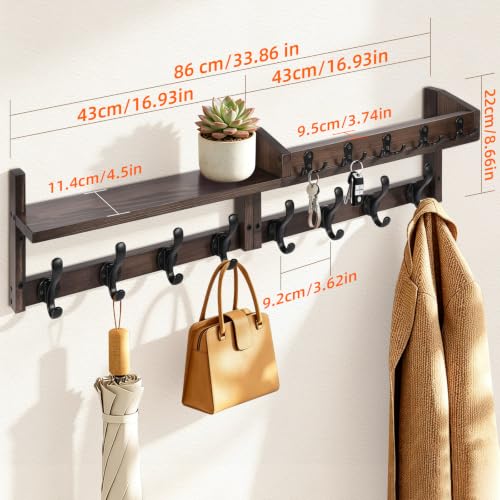 33.86" Wall Mounted Coat Rack with Shelf, 13 Hooks Pre-Assembled - Image 3
