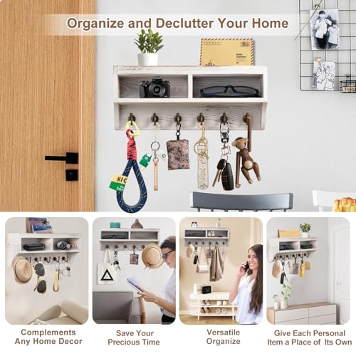 Key Holder Wall Mount with Mail Organizer, 6 Hooks & Shelf, White - Image 3