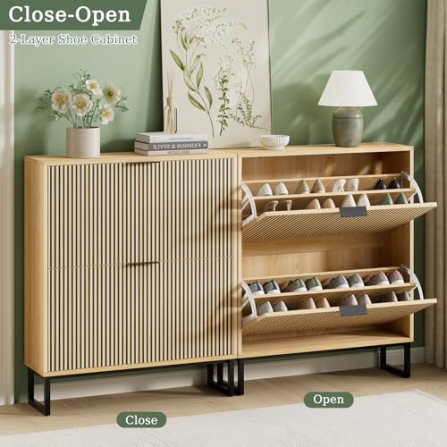 Shoe Cabinet Storage with 2 Flip Drawers and Metal Legs, Natural - Image 6