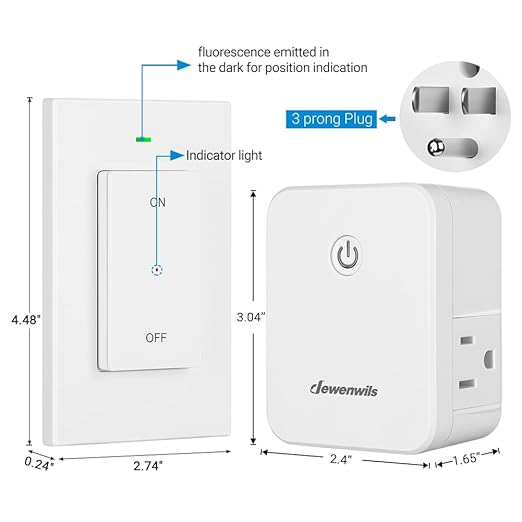 DEWENWILS Remote Control Outlet, Wireless Wall Light Switch with 2 Side Outlets, No Wiring Remote Outlet Switch for Lamps, Fans, Household Appliance, 100FT Range, ETL Listed(2 Switches and 1 Outlet)