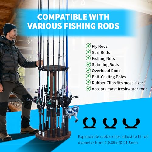 360° Rotating Natural Wood Fishing Rod Holder, Round - Image 5
