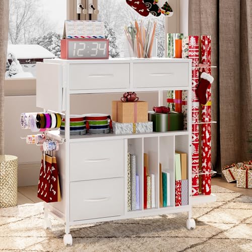 Wrapping Paper Storage Cart with Foldable Table, 3 Tier - Image 3