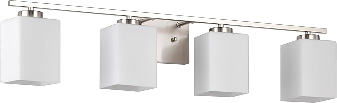 Edvivi Bathroom Light Fixtures, 4-Light Modern Brushed Nickel Vanity Light Over Mirror, Wall Sconces with Square White Glass Shades for Living Room, Bedroom, Hallway, E26 Base