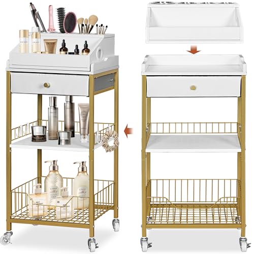 Makeup Organizer Cart, Rolling Vanity Storage, Gold and White - Image 2