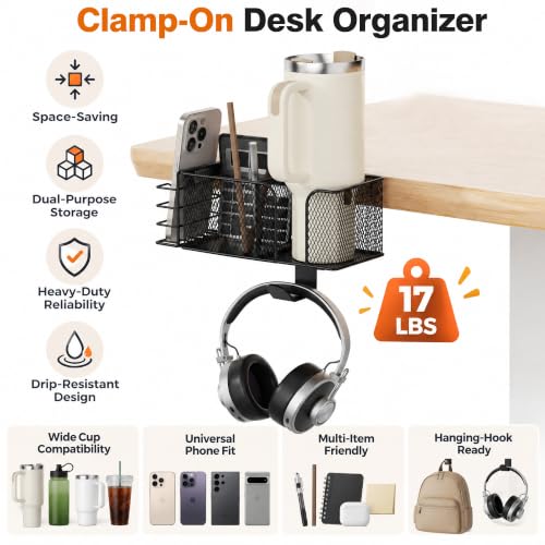 4-in-1 Clamp on Desk Cup Holder, Dual Compartment Mesh - Image 5