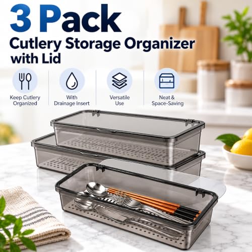 Cabilock 3 Pack Silverware Organizer with Lid, Black - Image 4