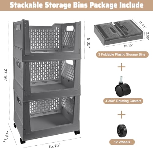 Stackable Plastic Storage Bins, 3 Pack Foldable Closet - Image 3