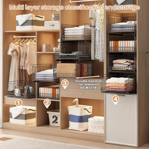 4 Pack Sliding Stackable Closet Organizer Storage Basket,Black - Image 6