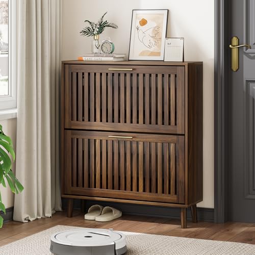 Shoe Cabinet, Shoe Storage Cabinet with Louvered 2 Flip Drawers - Image 2