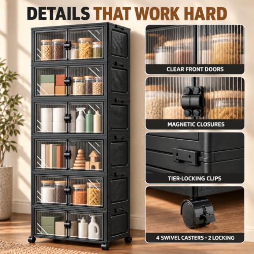 291QT Foldable Storage Cabinet with Wheels & Lid, 6-Tier Black - Image 7