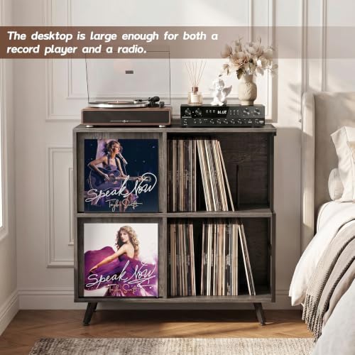 3 Tier Record Player Stand with Flip-Down Record Shelf, Gray - Image 5