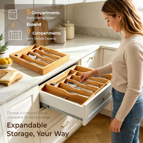 Expandable Bamboo Kitchen Drawer Organizer for Cutlery - Image 6