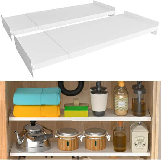 Large Expandable Closet Storage Shelves with Seamless Sticker, 15.8'' Width Adjustable Wardrobe Shelf Storage Rack DIY Divider RV Separator for Cabinet Pantry, 2Pack