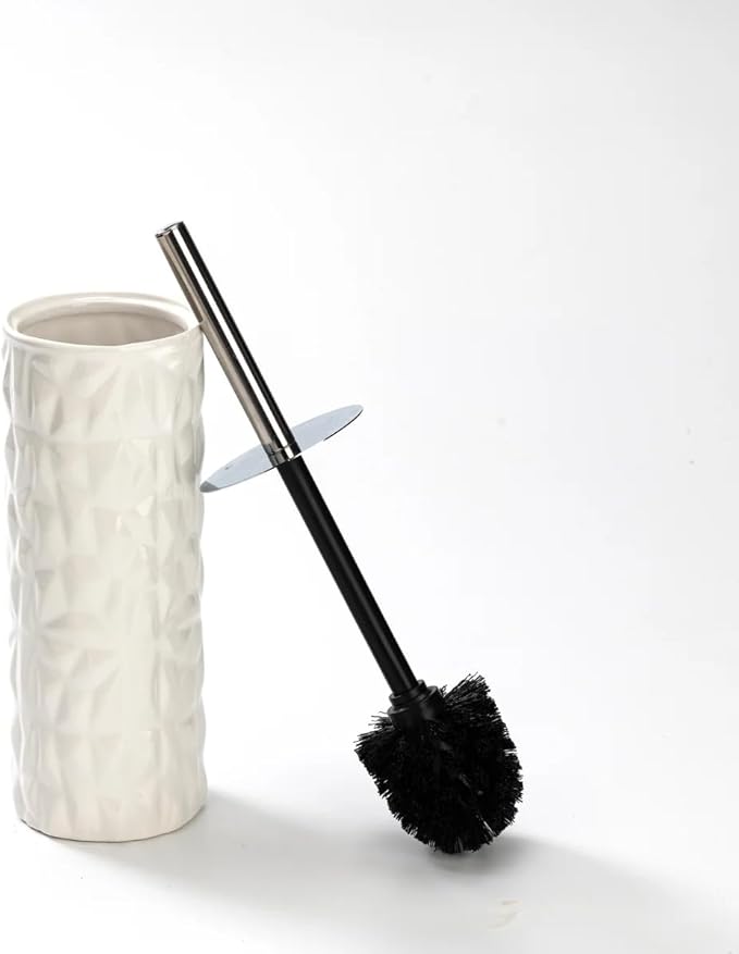 J&V TEXTILES Ceramic Toilet Brush, Toilet Bowl Brush with Extra Long Handle Durable Bristles Toilet Scrubber and Covered Holder for Toilet Brush Set for Bathroom Cleaning (Chrome/White)