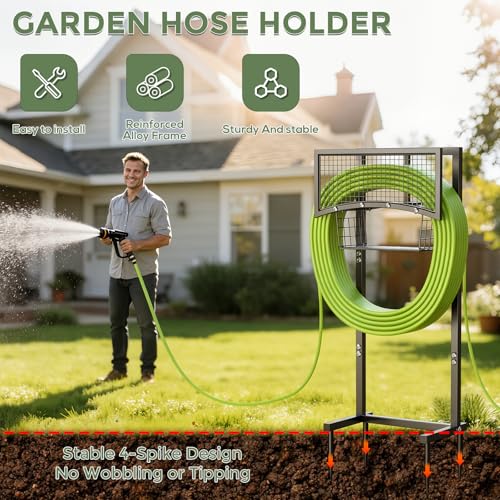 Garden Hose Holder Freestanding with Storage Basket, Holds - Image 6