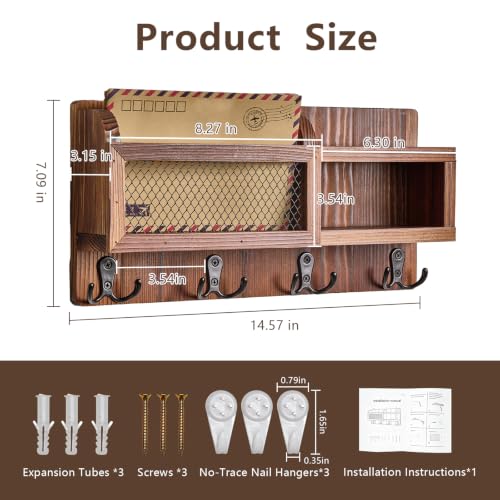 Key Holder Wall Mount with Mail Organizer and Shelf Rustic - Image 3