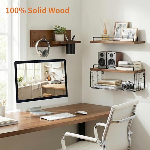 3-Tier Bathroom Floating Shelves with Hair Dryer Holder, Brown - Image 7