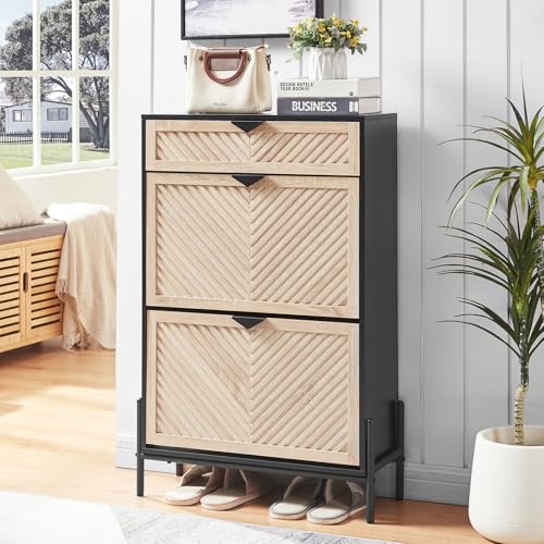 Shoe Cabinet with 2 Flip Drawers, Narrow Entryway Rack, Oak&Black - Image 2