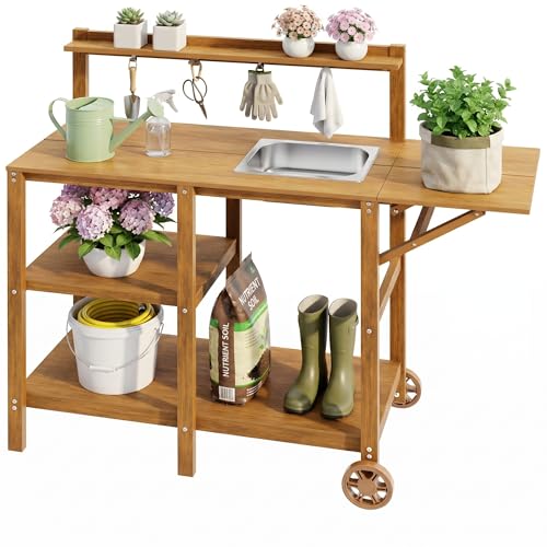 YEFU Potting Bench with Sink, All-Weather Resistant,Teak - Image 2