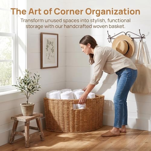 Woven Triangle Corner Storage Basket with Handles Shelf Laundry - Image 6