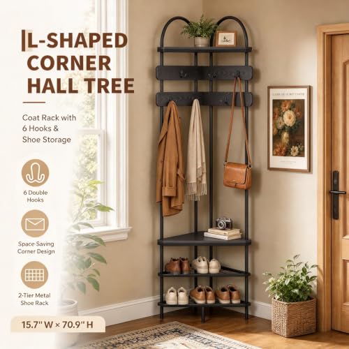 Corner Hall Tree for Entryway, Coat Rack with Shoe Storage - Image 4