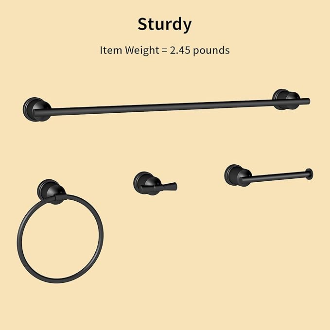 YUMORE Matte Black Bathroom Accessories Set, 4 Pieces Bathroom Hardware Set, Towel Bar Set Stainless Steel Wall Mounted, Towel Racks for Bathroom, Robe Towel Hooks, Toilet Paper Holder