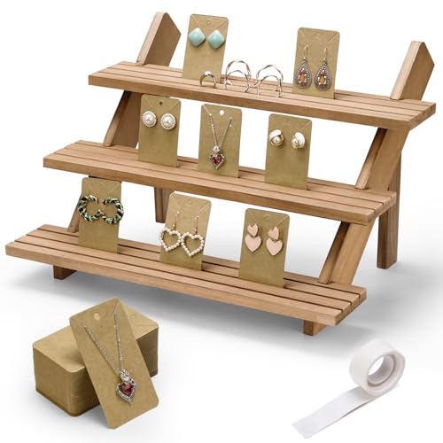 3 Tier Wooden Display Stand, Retail Jewelry Card Sta | Jewelry Organiz - Image 2