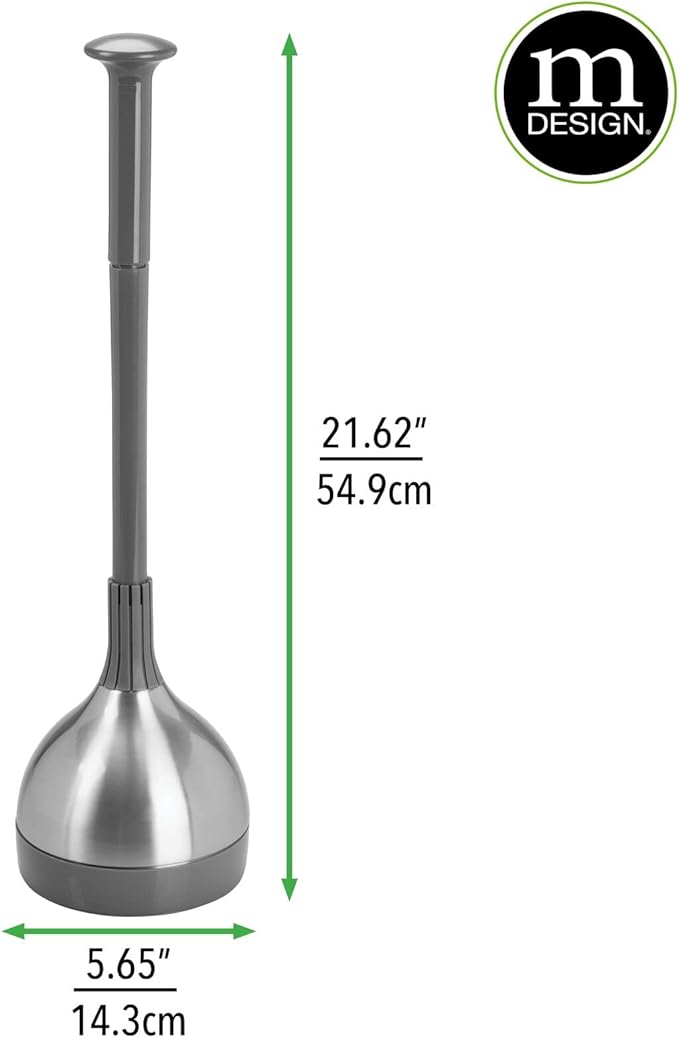 mDesign Bathroom Toilet Bowl Plunger Set with Lift & Lock Cover, Compact Discreet Freestanding Storage Caddy with Base, Modern Design - Heavy Duty Gray/Brushed Stainless Steel