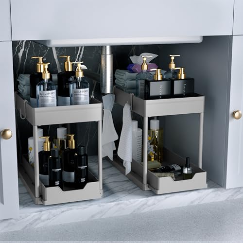DEKAVA 2 Pack Under Sink Organizer, 2-Tier Sliding Cabinet Basket - Image 2