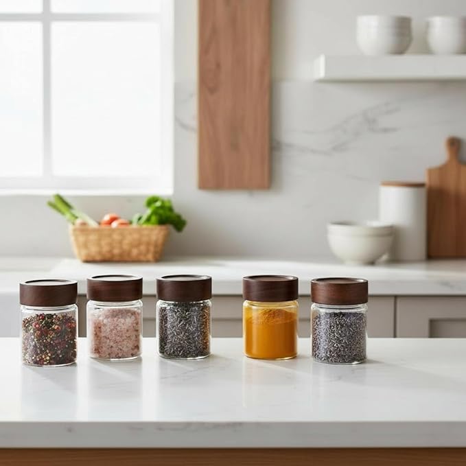 Wide Mouth Glass Storage Jars With 2.5" Acacia Wood Lids - 6 Pack of 6 Oz Food Storage Containers - Borosilicate Glass Canisters Sets For Kitchen - Pantry Organizers and Storage for Flour Rice Coffee