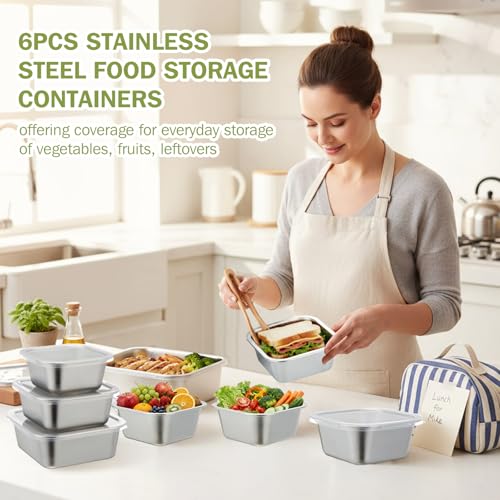 6 Pcs 304 Stainless Steel Food Storage Containers with Lids - Image 3