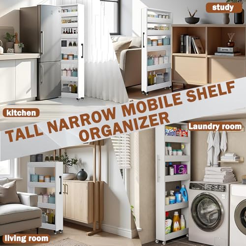7-Tier Slim Rolling Storage Cart, Wooden Narrow Pantry Cabinet - Image 8