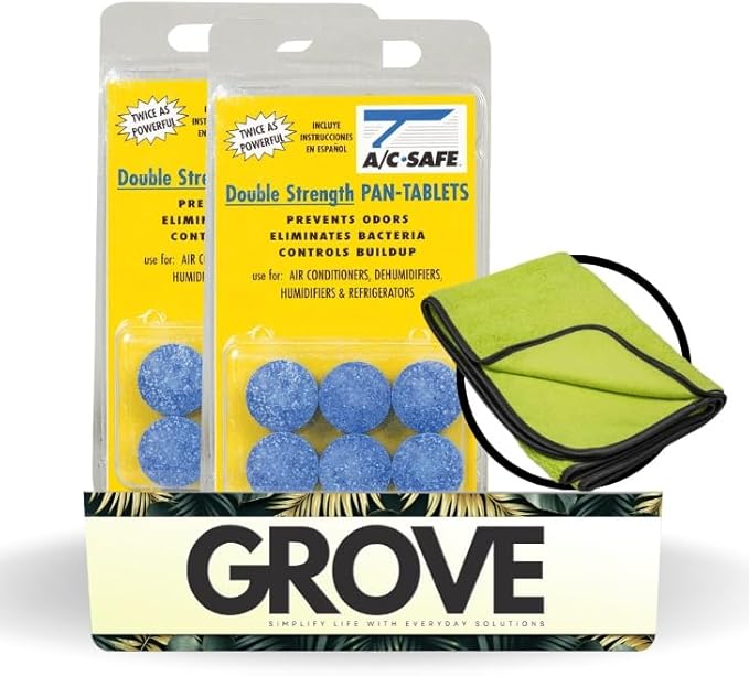 AC-Safe Air Conditioner Pan Cleaner Tablets 6 ct Bundle with Microfiber Auto Cleaning Cloth – Non-Toxic AC Drain Pan & Condensate Line Cleaner - Eliminates Odors for AC and Humidifiers - (3 items)