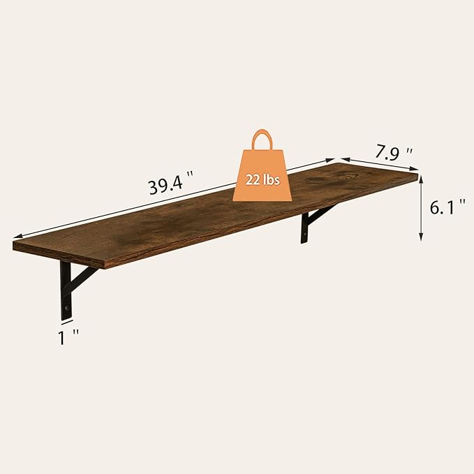 Wall Shelves Set of 2 — 39" Rustic Brown with Metal Brackets