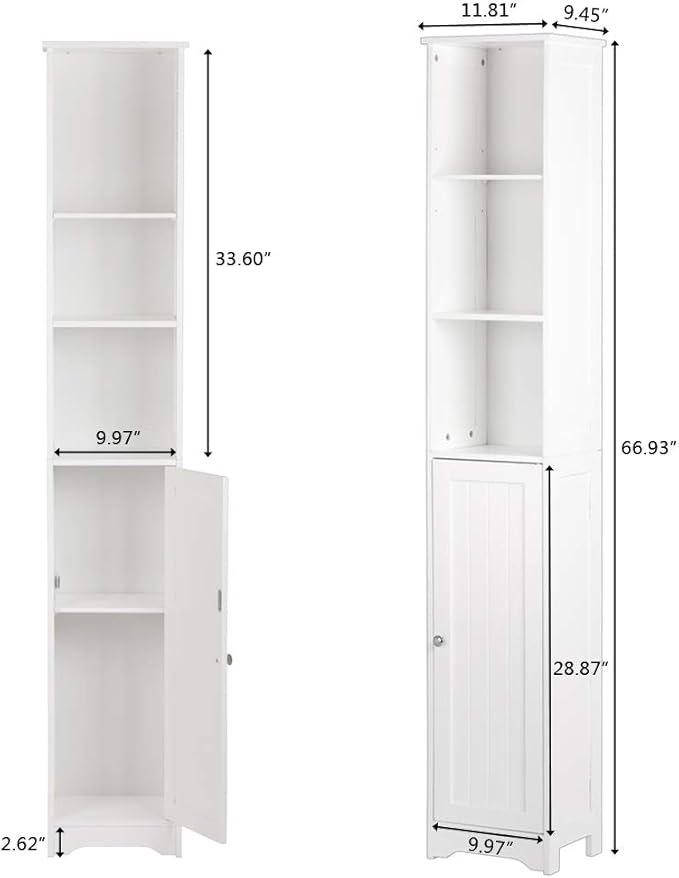FCH 67" Tall Bathroom Cabinet, Slim Floor Cabinet White Narrow Storage Organizer with Adjustable Shelves, Space Saving Pantry Utility Storage