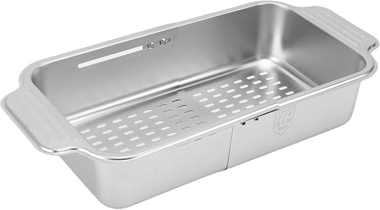 AYNEFY Extendable Over The Sink Basket Expandable Stainless Steel Colander 304 Food Grade Strainer for Washing Vegetables Fruits Pasta Dishes with Rubber Grip Handles (L)