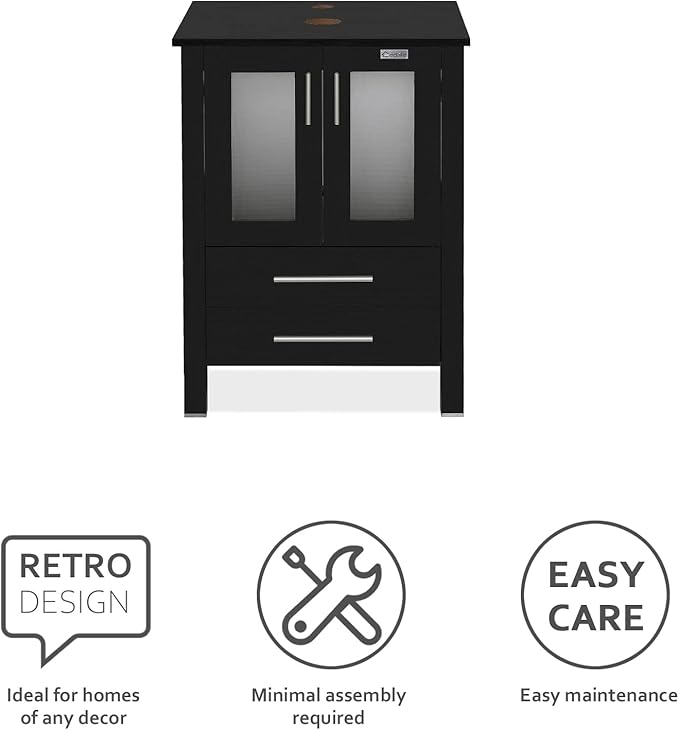 eclife 24" Modern Bathroom Vanity Sink Combo Freestanding Cabinet with Soft Closing Door, White Shell Ceramic Vessel Sink, Water Save Faucet, Drain (Black+T54)