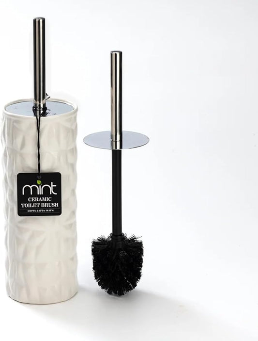 J&V TEXTILES Ceramic Toilet Brush, Toilet Bowl Brush with Extra Long Handle Durable Bristles Toilet Scrubber and Covered Holder for Toilet Brush Set for Bathroom Cleaning (Chrome/White)