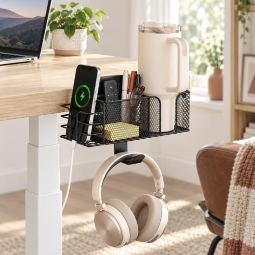 4-in-1 Clamp on Desk Cup Holder, Dual Compartment Mesh - Image 6