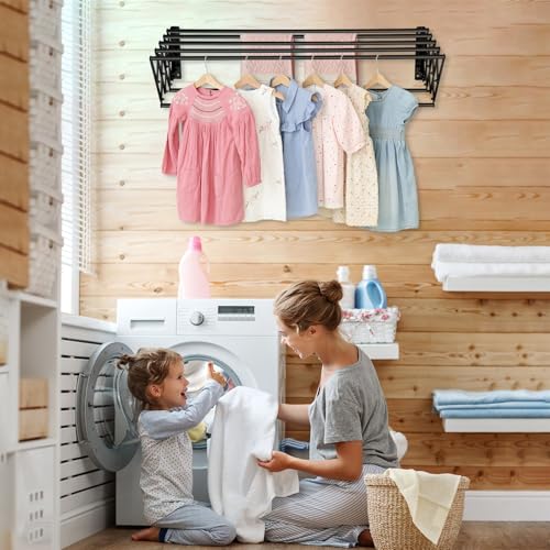 XL-31.5" Wall Clothes Drying Rack, Retractable Mounted Rack Black - Image 3