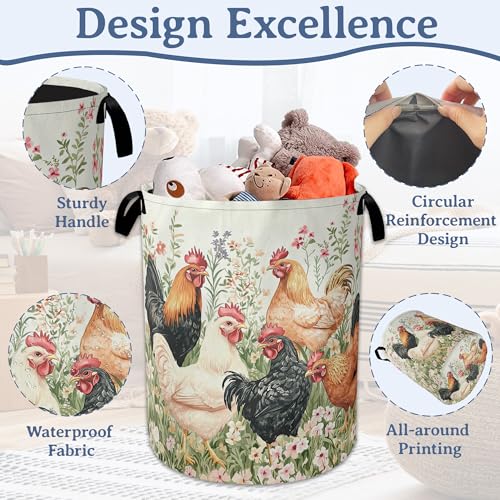 Roosters Hens Laundry Basket,Foldable Waterproof Oxford - Image 5
