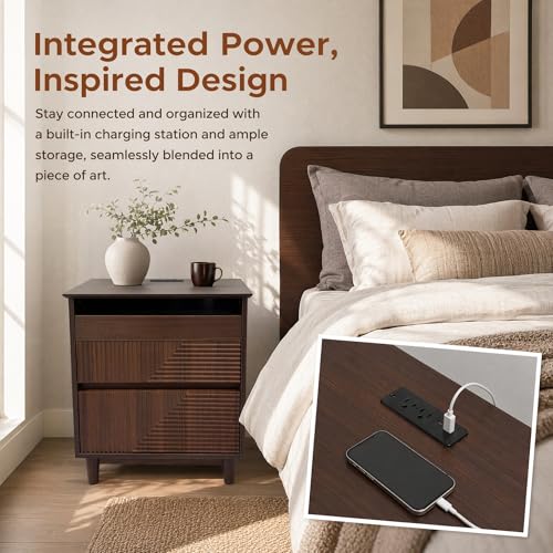 Nightstand with Charging Station, 3 Drawers Fluted Bedside Table - Image 4