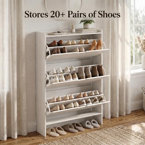 White Slim Shoe Cabinet with 3 Flip Drawers, 52" Tall Narrow Shoe - Image 4