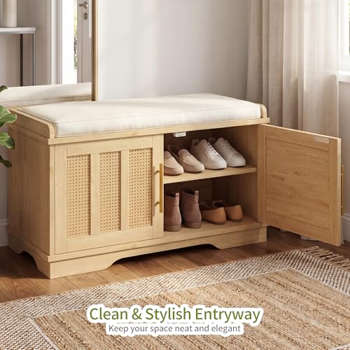 Heybly Shoe Cabinet with Bench, Rattan Storage Bench with Cushion - Image 6
